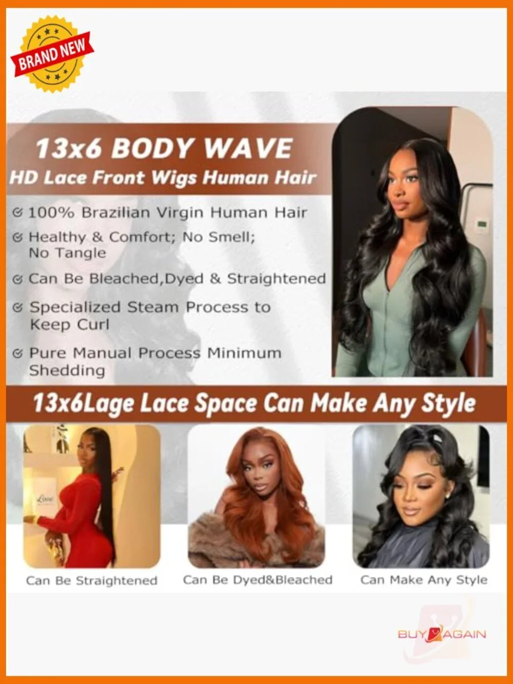 13x6 Body Wave Lace Front Wig, 250 Density Human Hair, Pre-Plucked